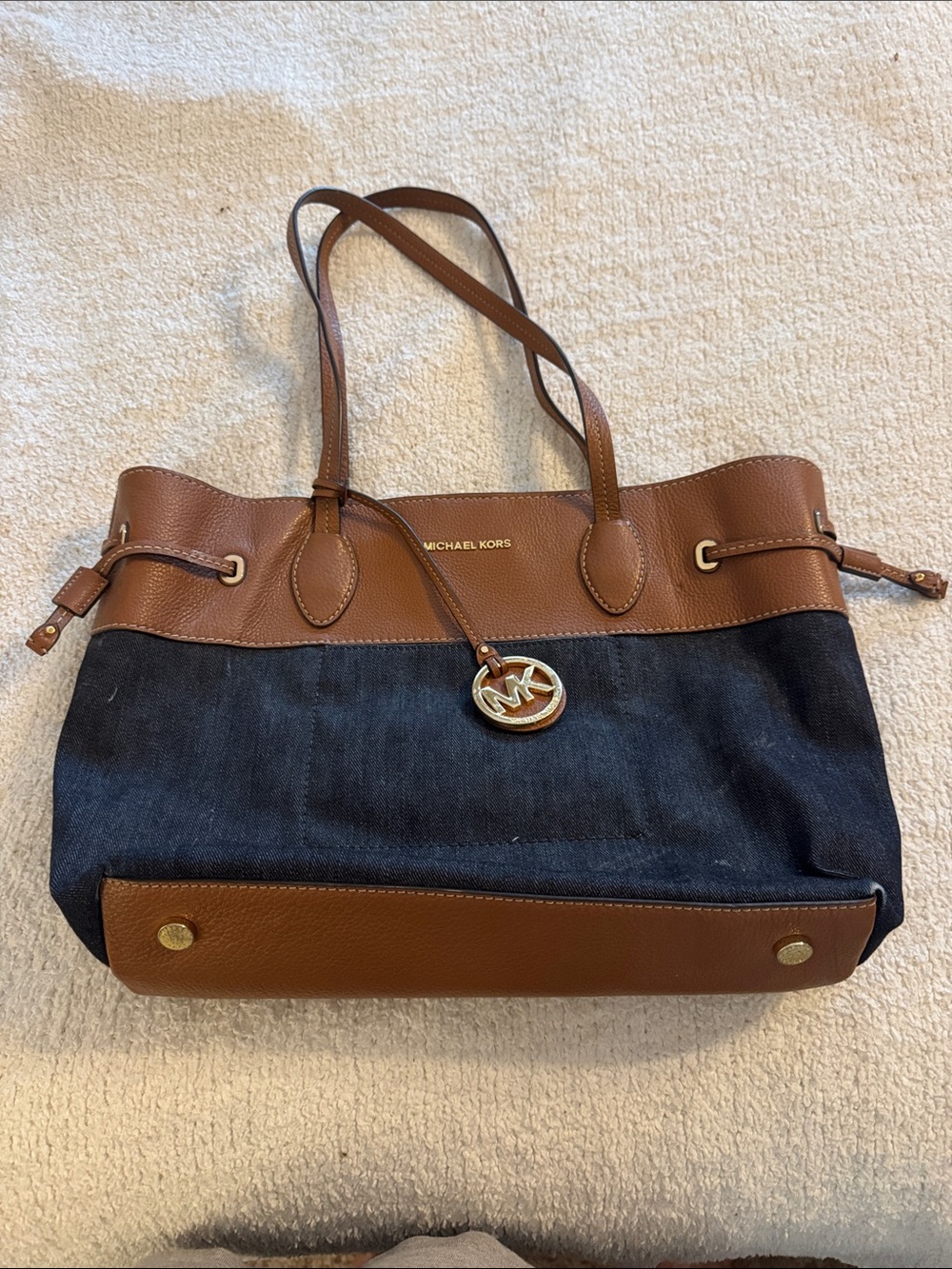 Michael Kors Navy Denim and Brown Leather Shoulder Tote